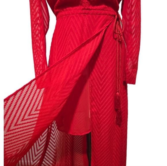 H&M Red Maxi Dress Sheer Textured Chevron Katy Perry Holiday Collection Size 4 - Picture 4 of 15
